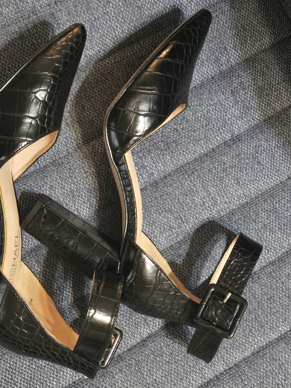 Michael Shannon Black Croc-Embossed Pointed-Toe Block Heel Sandals